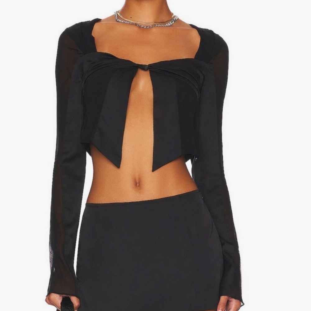 Black Long Sleeve Open Front Bow Top